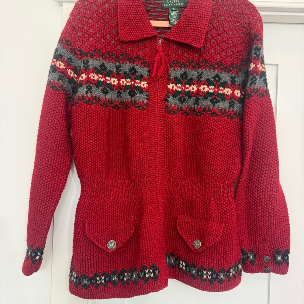 Vintage Ralph Lauren Red Knit Zip-Front Fair Isle Sweater